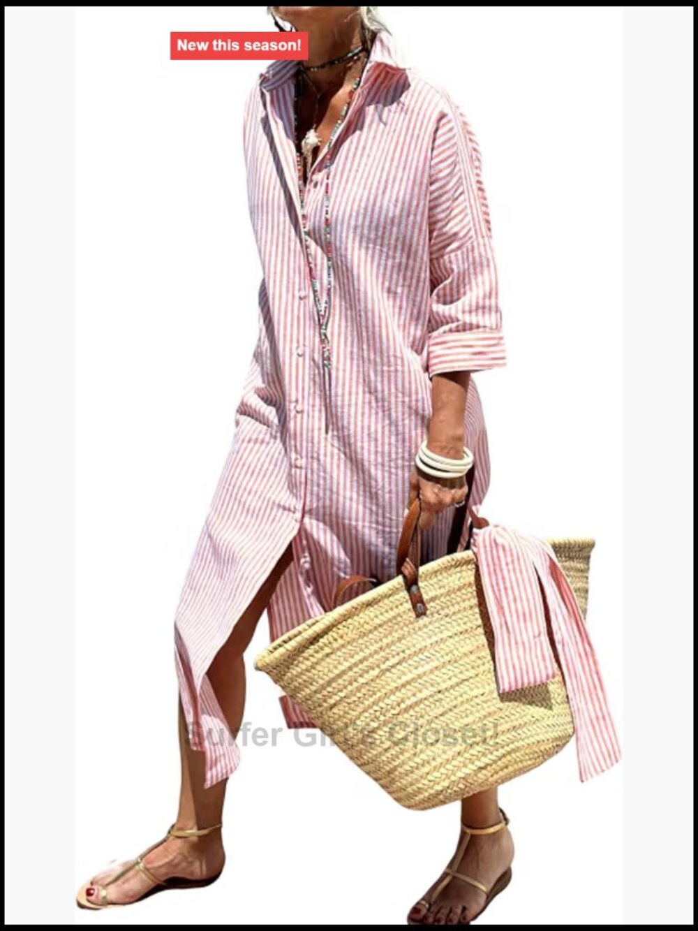 Womens 2026 Shirt Dress Casual 3/4 Sleeve Button Down Split Belted Maxi Cotton